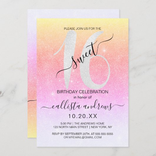 Girly Sparkly Rainbow Glitter Ombre Sweet 16 Kaart (Voorkant / Achterkant)