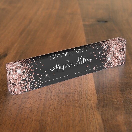 Girly Sparkly Roos Gold Glitter Black Naambordje (Zijkant)