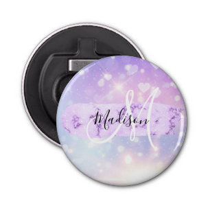 Girly Sparkly Unicorn Rainbow Hearts Monogram Button Flesopener