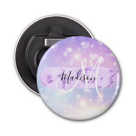 Girly Sparkly Unicorn Rainbow Hearts Monogram Button Flesopener (Voorkant)