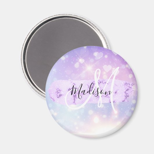 Girly Sparkly Unicorn Rainbow Hearts Monogram Magneet (Voorkant / Achterkant)