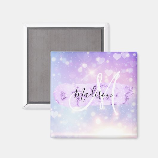 Girly Sparkly Unicorn Rainbow Hearts Monogram Magneet (Voorkant / Achterkant)