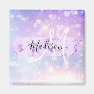 Girly Sparkly Unicorn Rainbow Hearts Monogram Magneet