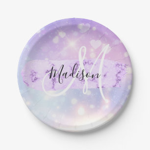 Girly Sparkly Unicorn Rainbow Hearts Monogram Papieren Bordje