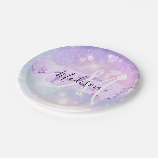 Girly Sparkly Unicorn Rainbow Hearts Monogram Papieren Bordje (Gekanteld)