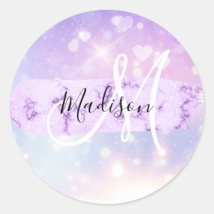 Girly Sparkly Unicorn Rainbow Hearts Monogram Ronde Sticker