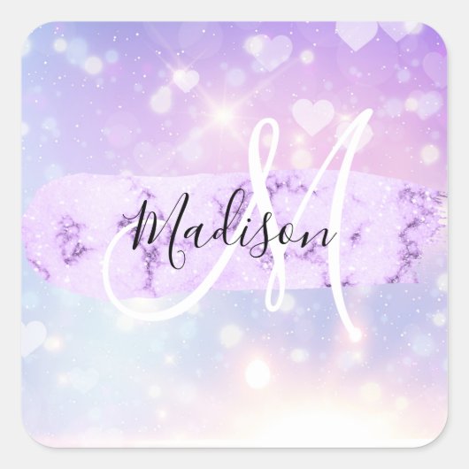 Girly Sparkly Unicorn Rainbow Hearts Monogram Vierkante Sticker (Voorkant)