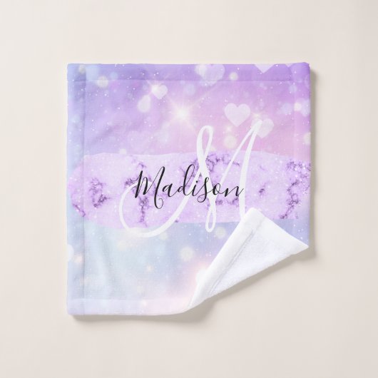 Girly Sparkly Unicorn Rainbow Hearts Monogram Washandje (Wasdoekje)