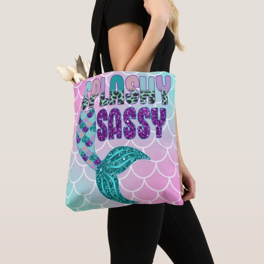 Girly Splashy Sassy Pink Paars Green Mermaid Tail Tote Bag (Dichtbij)