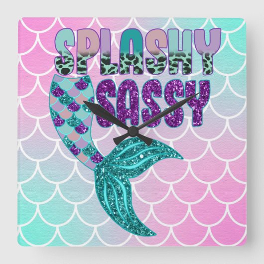 Girly Splashy Sassy Pink Paars Green Mermaid Tail Vierkante Klok (Voorkant)