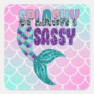 Girly Splashy Sassy Pink Paars Green Mermaid Tail Vierkante Sticker