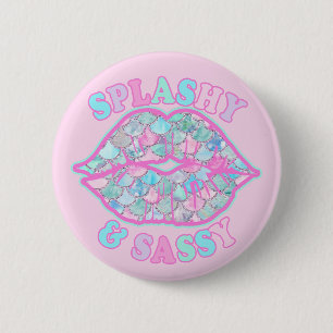 Girly Splashy & Sassy Pink Turquoise Mermaid Kiss Ronde Button 5,7 Cm