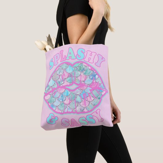 Girly Splashy & Sassy Pink Turquoise Mermaid Kiss Tote Bag (Dichtbij)