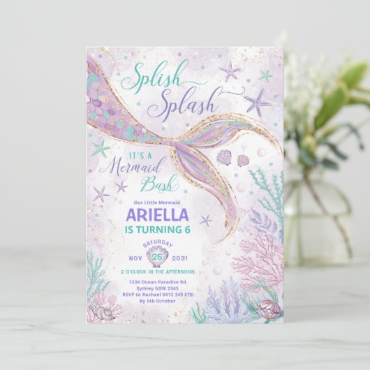 Girly Splish Mermaid Birthday Bash Party Kaart (Staand voorkant)