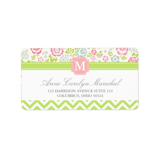 Girly Spring Floral Chevron gepersonaliseerd monog Etiket (Voorkant)