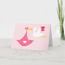 Girly Stork met een babymeisje bundel roze Kaart