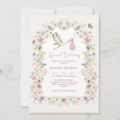 Girly Stork Wildflower Garden Girl Baby shower Kaart (Voorkant)