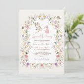 Girly Stork Wildflower Garden Girl Baby shower Kaart (Staand voorkant)