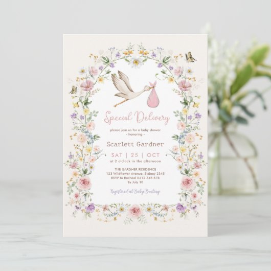 Girly Stork Wildflower Garden Girl Baby shower Kaart (Staand voorkant)