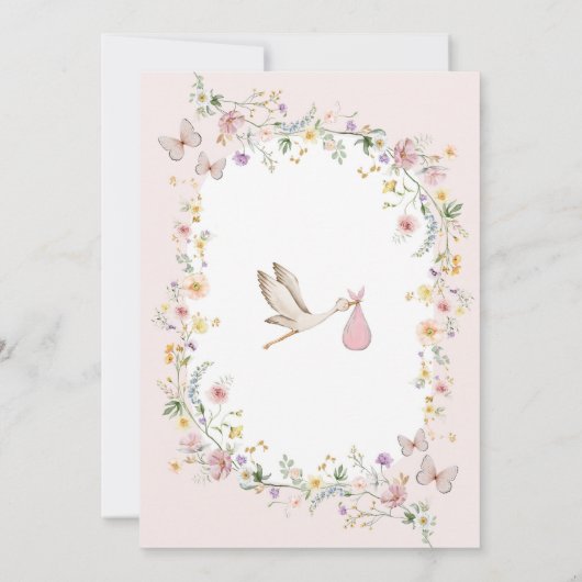 Girly Stork Wildflower Garden Girl Baby shower Kaart (Achterkant)