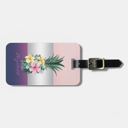 Girly Stripe, ananas Tropische bloemen Bagagelabel (Voorkant horizontaal)