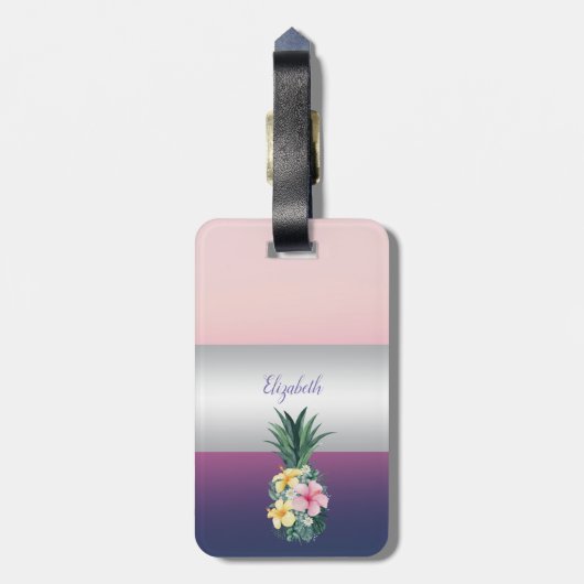 Girly Stripe, ananas Tropische bloemen Bagagelabel (Achterkant verticaal)