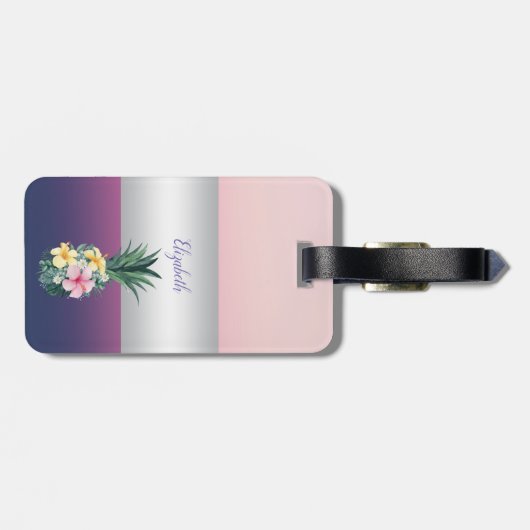 Girly Stripe, ananas Tropische bloemen Bagagelabel (Achterkant horizontaal)