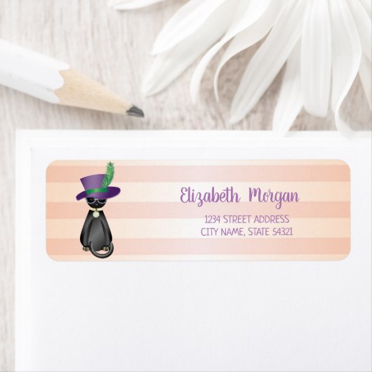 Girly Striped, Whimsical Cat, Kat Address Label (Insitu)