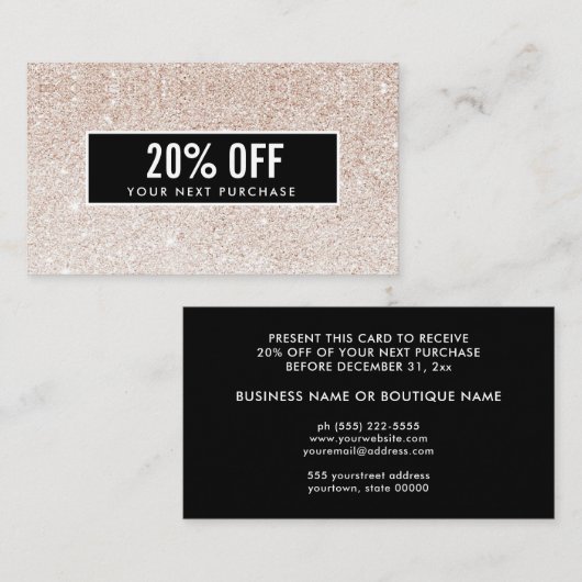 Girly Stylish Champagne Glitter Black Coupon Kaart Visitekaartje (Voorkant / Achterkant)