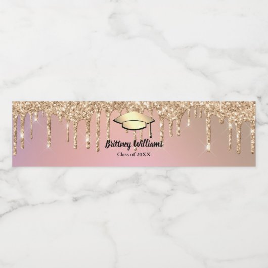 Girly Stylish Roos Gold Glitter Graduation Party Waterfles Etiket (Enkel label)
