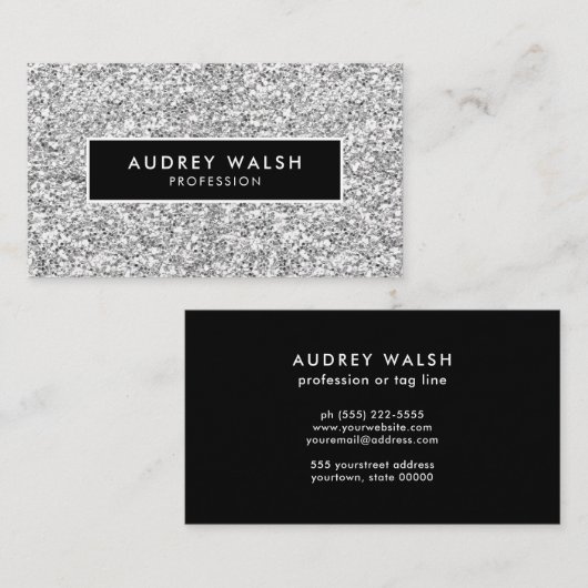 Girly Stylish Silver Glam glitter en Black Visitekaartje (Voorkant / Achterkant)