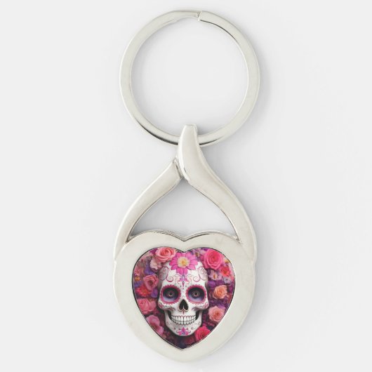 Girly Sugar Skull Metal Sleutelhanger (Voorkant)