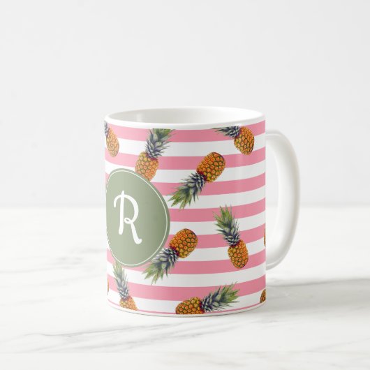 Girly Summer Pineapple Pattern | Roze strips Koffiemok (Voorkant rechts)