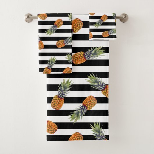 Girly Summer Pineapple Pattern | Zwarte streep Bad Handdoek (Insitu)