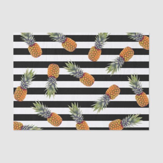 Girly Summer Pineapple Pattern | Zwarte streep Tissuepapier (Voorkant)