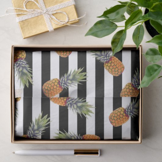 Girly Summer Pineapple Pattern | Zwarte streep Tissuepapier (Geschenk)