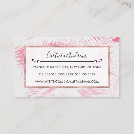 Girly Summer Pink White Tropical Palm Tree Fronds Visitekaartje (Achterkant)