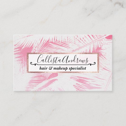 Girly Summer Pink White Tropical Palm Tree Fronds Visitekaartje (Voorkant)
