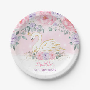 Girly Swan Princess Pink Paars Birthday Party Papieren Bordje