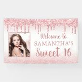 Girly Sweet 16 Roos Gold Glitter Drip Foto Spandoek (Horizontaal)