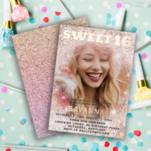Girly Sweet 16 Roos Gouden Kalligrafie & Glitter Folie Uitnodiging
