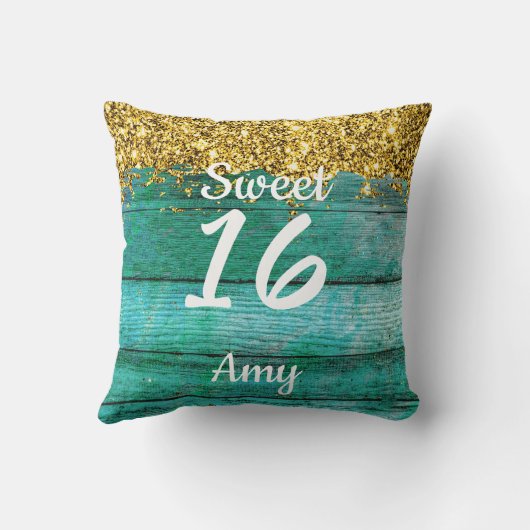 Girly Sweet 16 Turquoise Gold Glitter Name Kussen (Achterkant)
