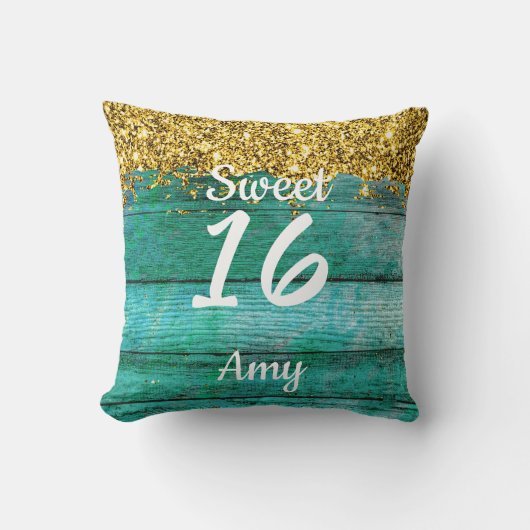 Girly Sweet 16 Turquoise Gold Glitter Name Kussen (Voorkant)