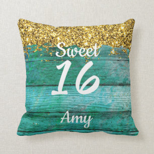 Girly Sweet 16 Turquoise Gold Glitter Name Kussen