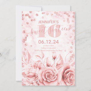 Girly Sweet 16th Marble Glitter Roos Gold Floral Kaart