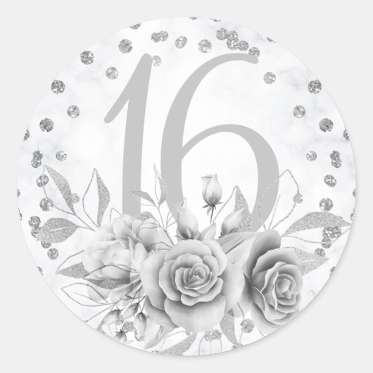 Girly Sweet 16th Marble Glitter Silver Floral Ronde Sticker (Voorkant)