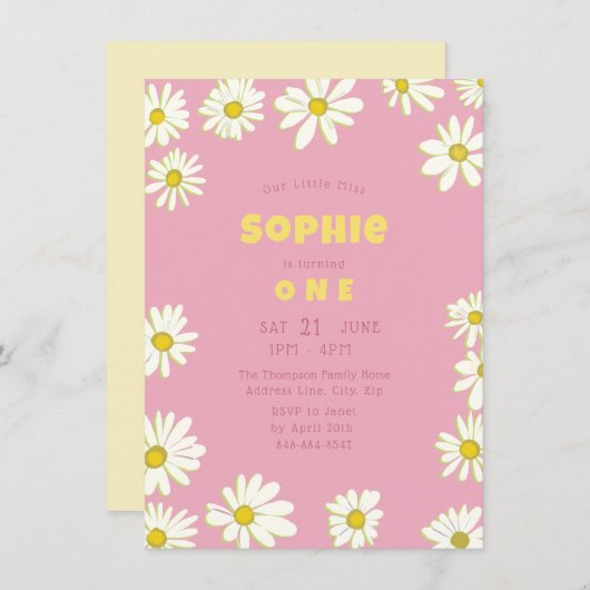 Girly Sweet Daisies Bubblegum Pink First Birthday Kaart (Voorkant / Achterkant)