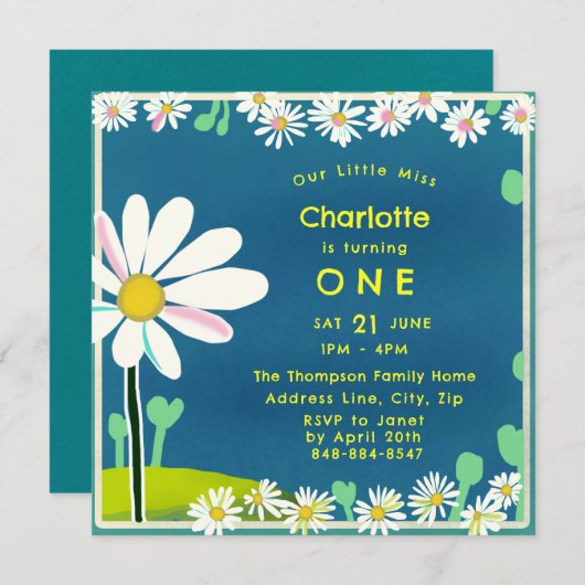 Girly Sweet Daisy Blue Yellow Birthday Invitation Kaart (Voorkant / Achterkant)