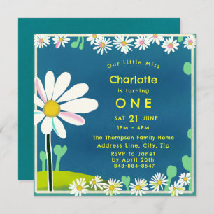 Girly Sweet Daisy Blue Yellow Birthday Invitation Kaart