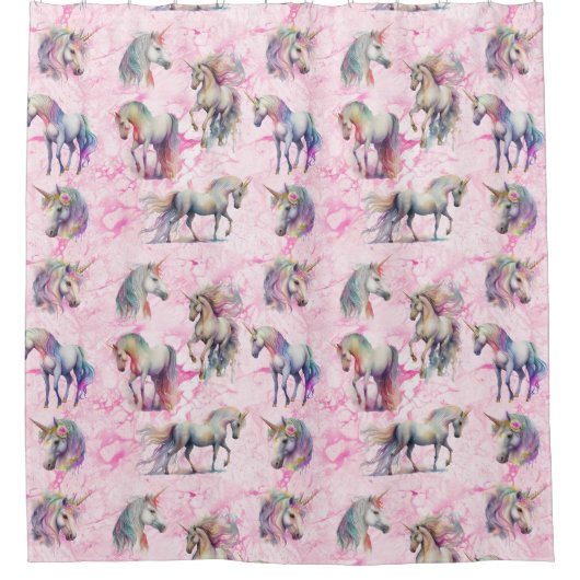Girly Swirly Pink Eenhoorn Douchegordijn (Voorkant)